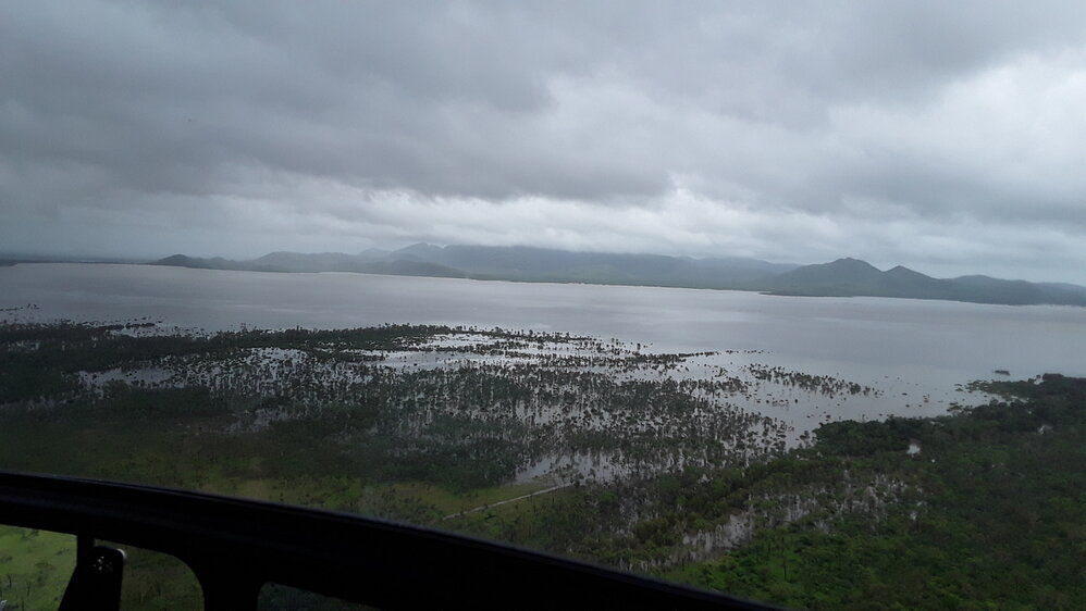 Flinders Highway Woodstock facing back to Ross River Dam, aerial photograph during floods, 2019. 