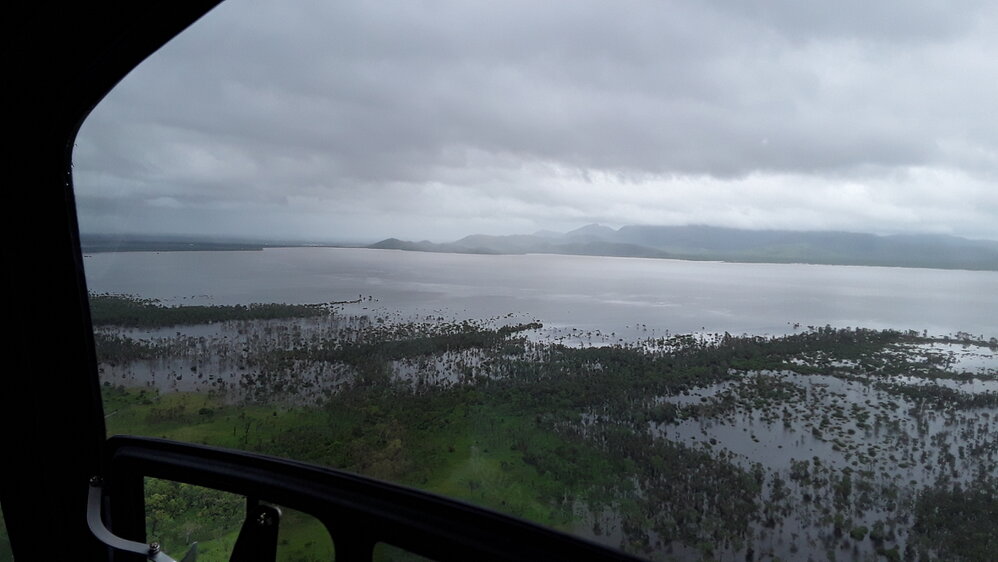 Flinders Highway Woodstock facing back to Ross River Dam, aerial photograph during floods, 2019. 