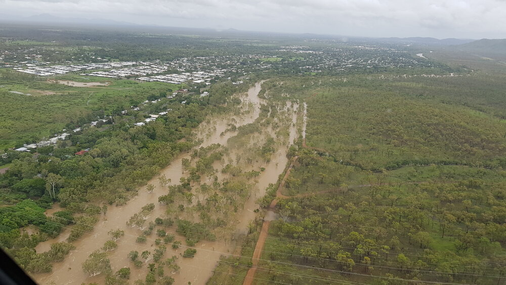 Ross River, Ross River Dam, Riverway Drive, aerial photograph during floods, 2019. 