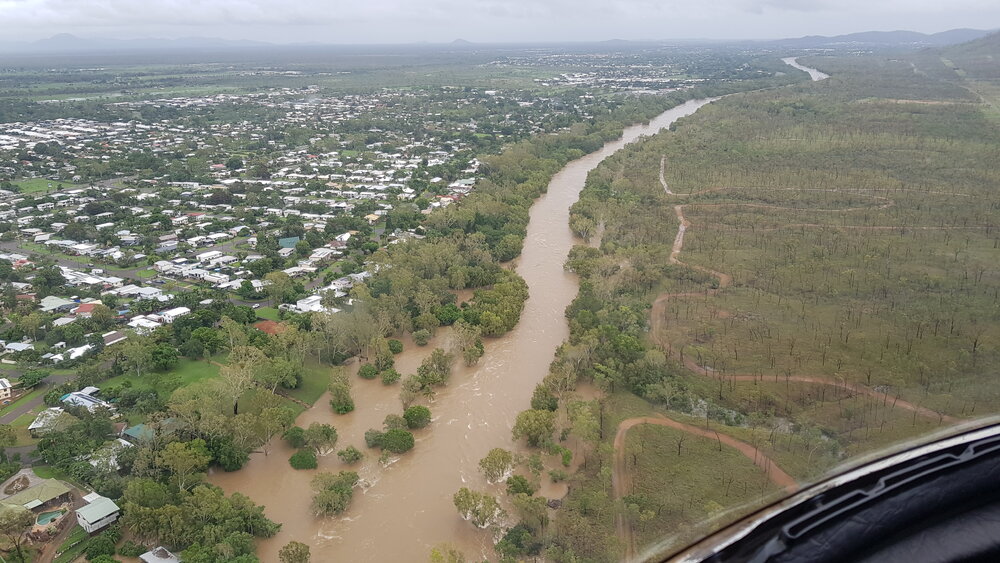 Ross River, Framara Park, aerial photograph during floods, 2019. 