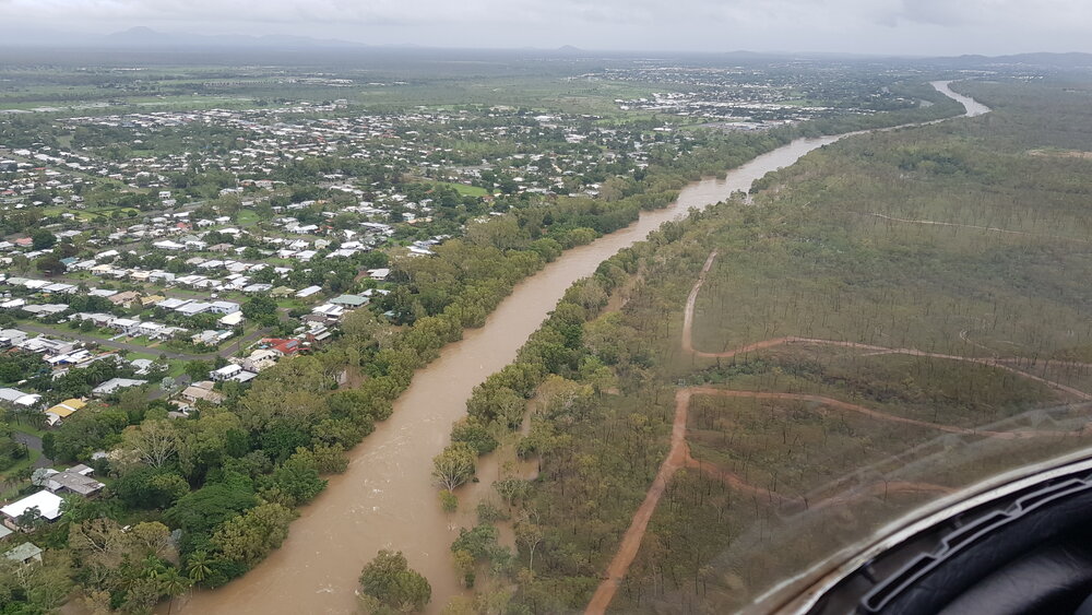 Ross River Riverway Drive, aerial photograph during floods, 2019. 