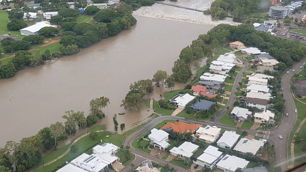 Black Weir, aerial photograph during floods, 2019. 