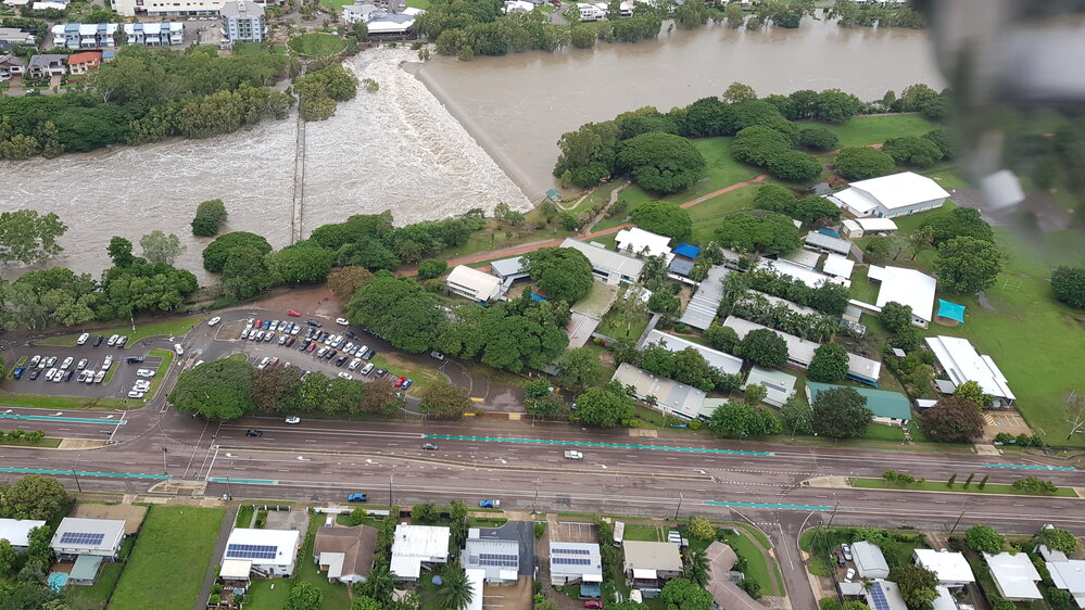 Blacks Weir, Weir State School, aerial photograph during floods, 2019. 