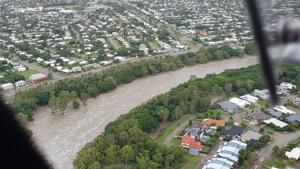 Riverside Boulevard, Bamford Lane, Ross River Road, aerial photograph during floods, 2019. 