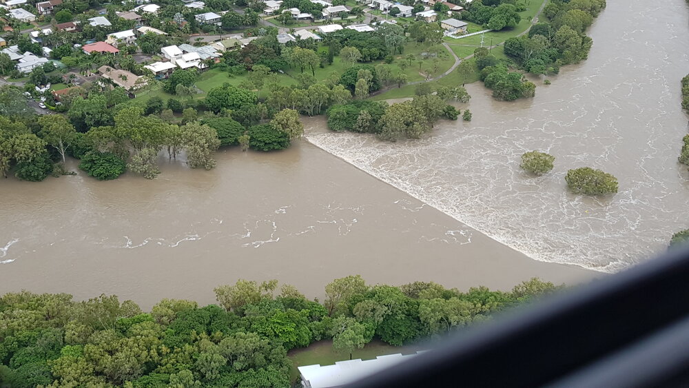 Cranbrook Weir, aerial photograph during floods, 2019. 
