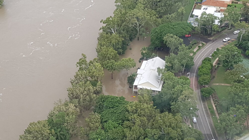 Riverside Gardens Community Centre, Riverside Boulevard, aerial photograph during floods, 2019