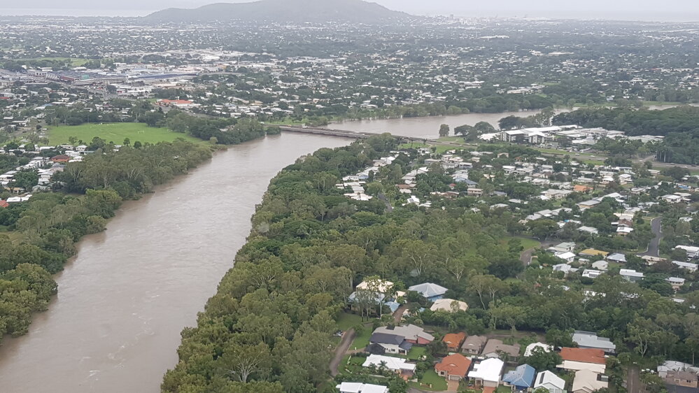 Charles N Barton Bridge, aerial photograph during floods, 2019. 