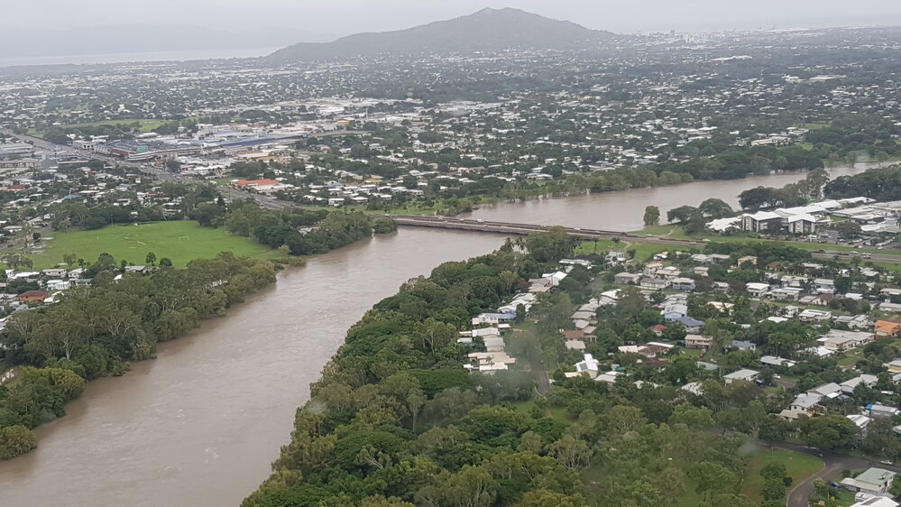 Charles N Barton Bridge, aerial photograph during floods, 2019. 