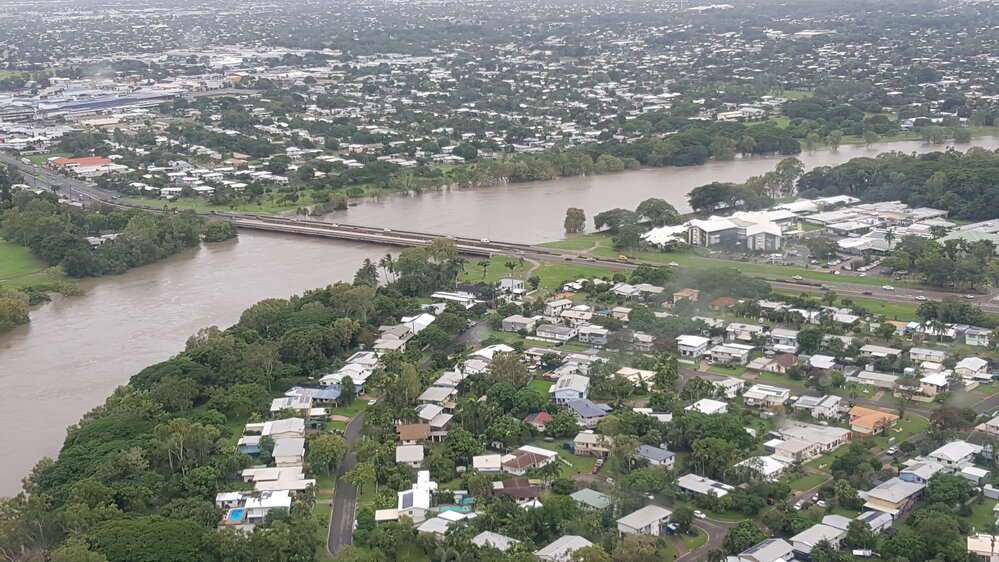 Charles N Barton Bridge, aerial photograph during floods, 2019