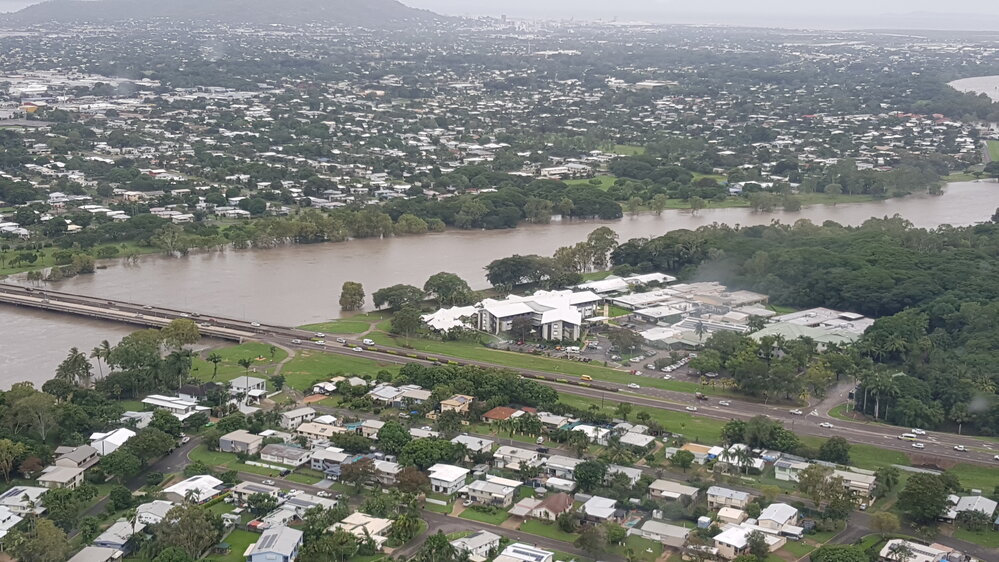 Charles N Barton Bridge, aerial photograph during floods, 2019. 