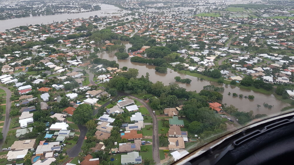 Eucalyptus Avenue, Amora Place, aerial photograph during floods, 2019. 