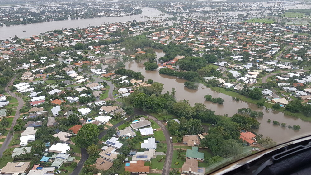Eucalyptus Avenue, Amora Place, aerial photograph during floods, 2019. 