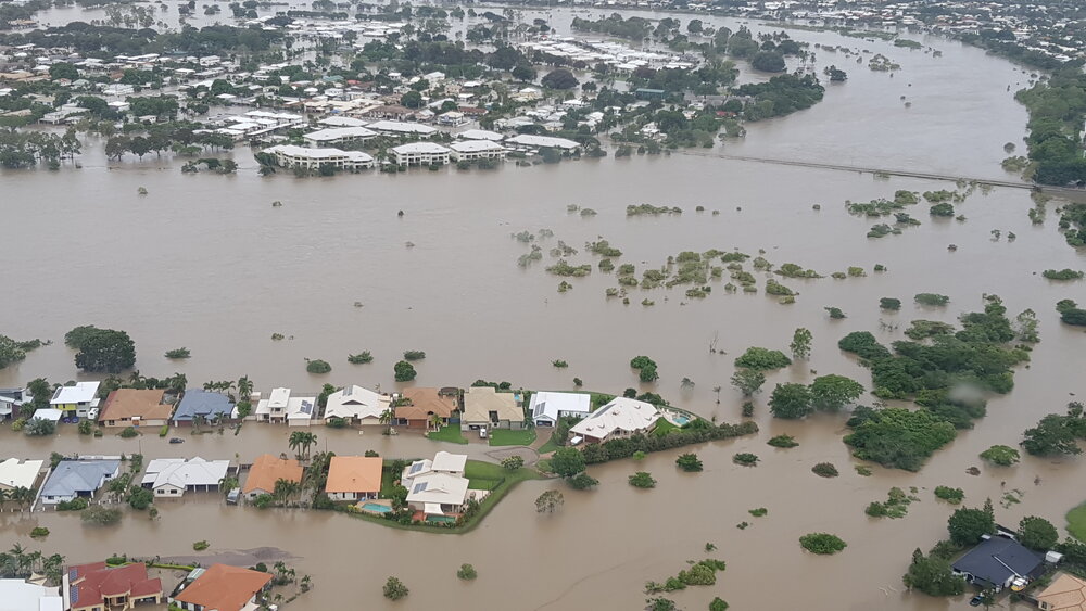 Manersley Place, Bowen Road Bridge, aerial photograph during floods, 2019.