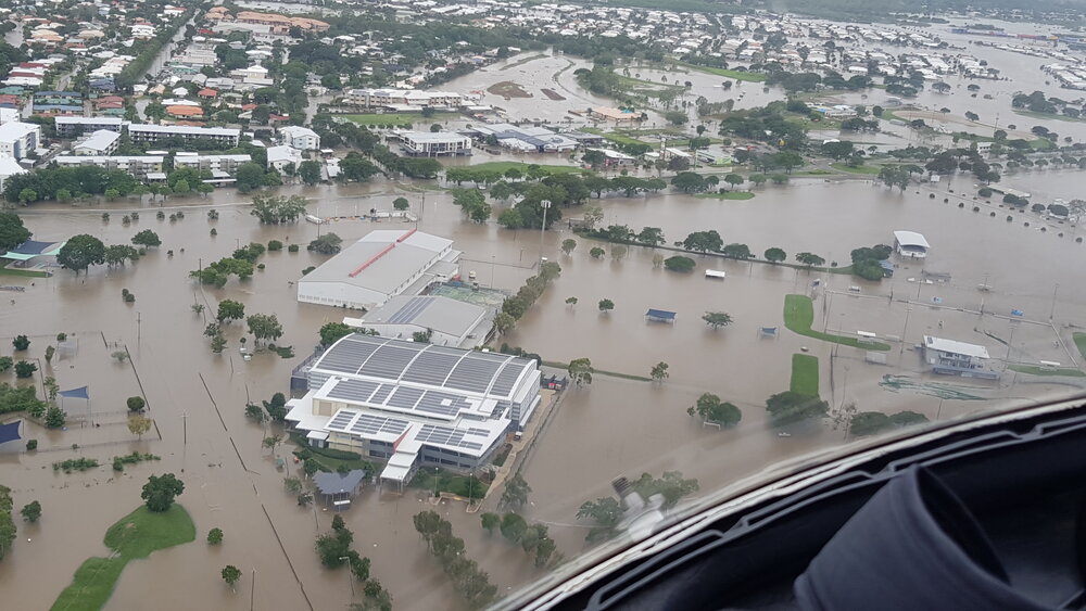Townsville Basketball Stadium, Murray Sports Complex, aerial photograph during floods, 2019. 