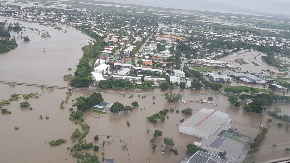 Townsville Basketball Stadium, Murray Sports Complex, aerial photograph during floods, 2019. 