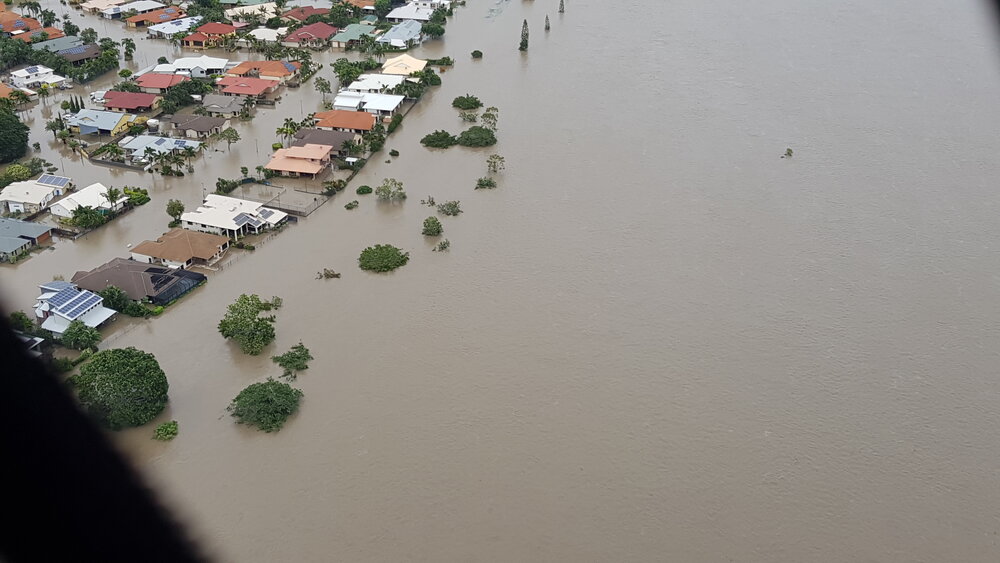 Manersley Place, aerial photograph during floods, 2019. 