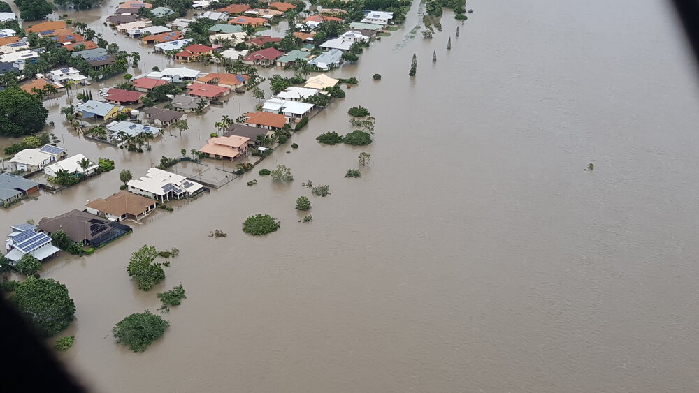 Manersley Place, aerial photograph during floods, 2019. 