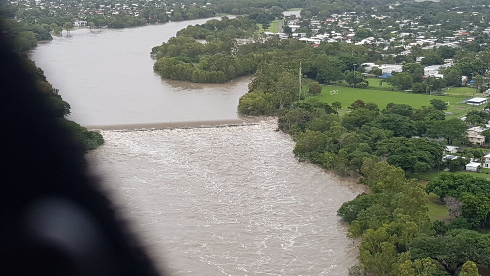 Aplins Weir, Glencoe Court, aerial photograph during floods, 2019. 