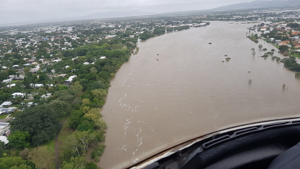 Love Lane, Bowen Road Bridge, aerial photograph during floods, 2019.