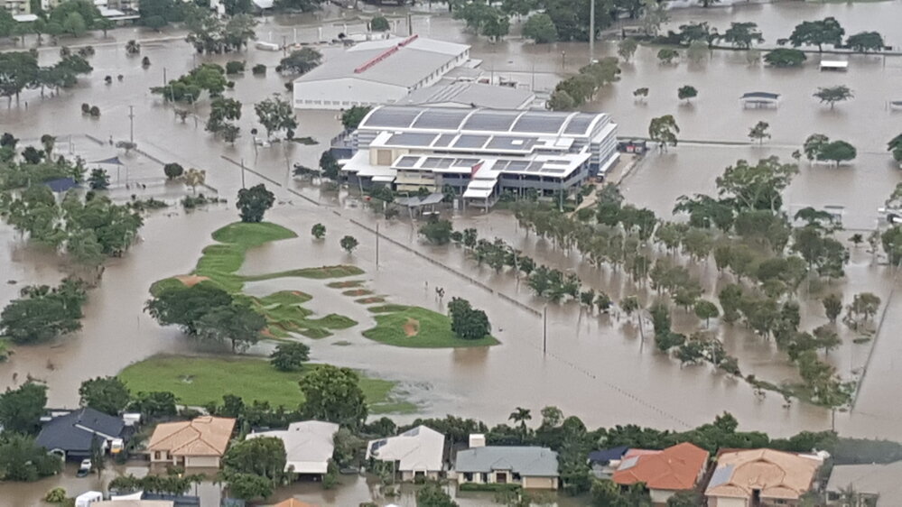 Townsville Basketball Stadium, Murray Sports Complex, aerial photograph during floods, 2019. 