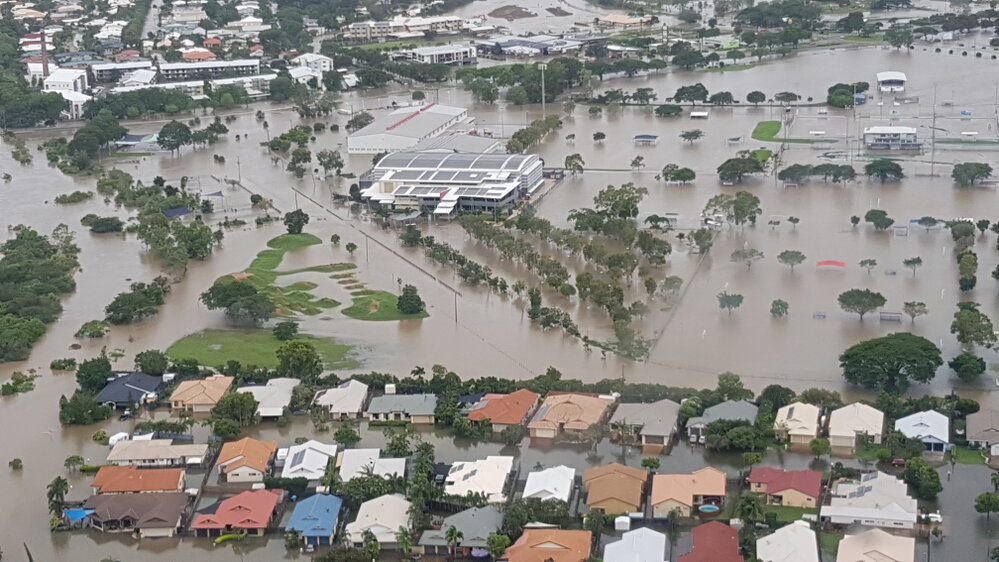 Townsville Basketball Stadium, Murray Sports Complex, aerial photograph during floods, 2019. 