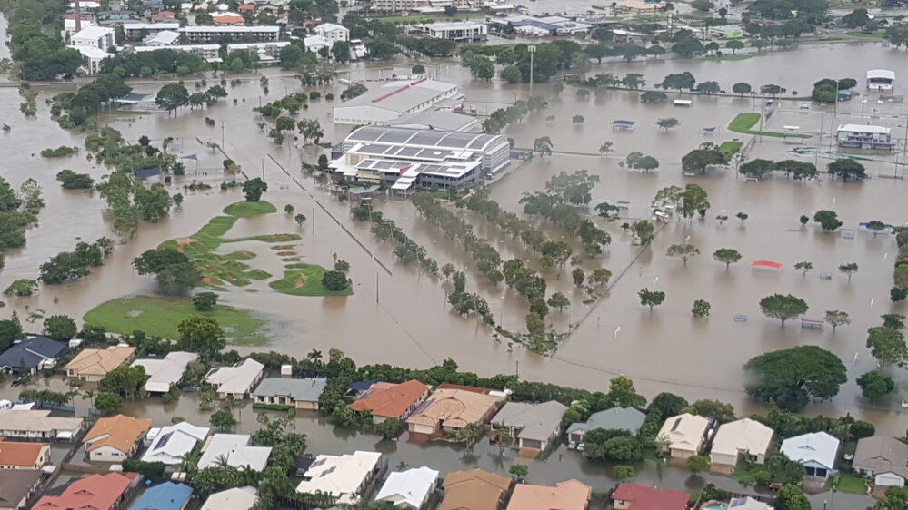 Townsville Basketball Stadium, Murray Sports Complex, aerial photograph during floods, 2019. 