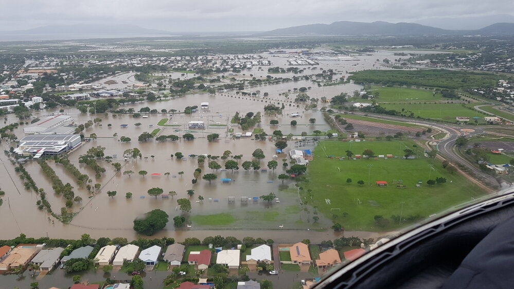 Townsville Basketball Stadium, Murray Sports Complex, aerial photograph during floods, 2019. 