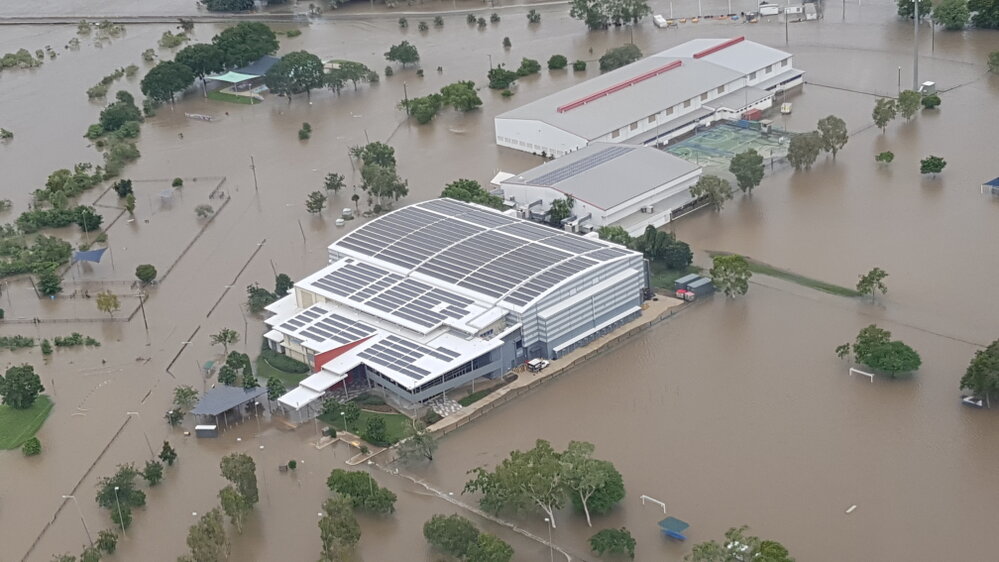 Townsville Basketball Stadium, Murray Sports Complex, aerial photograph during floods, 2019. 