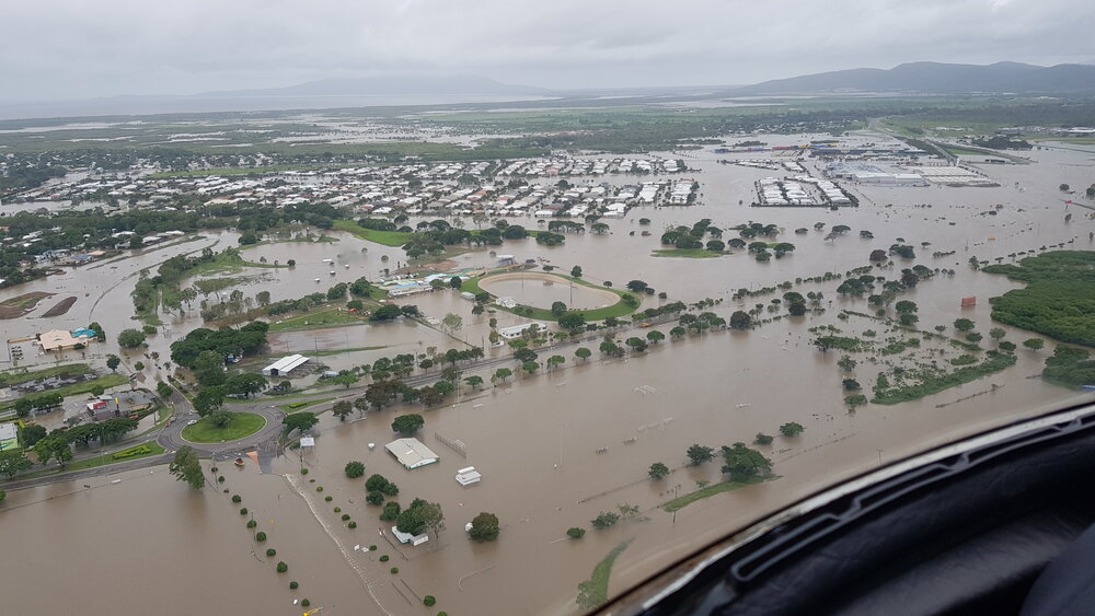 Stuart Drive, Townsville Velodrome, Gordon Creek, aerial photograph during floods, 2019. 