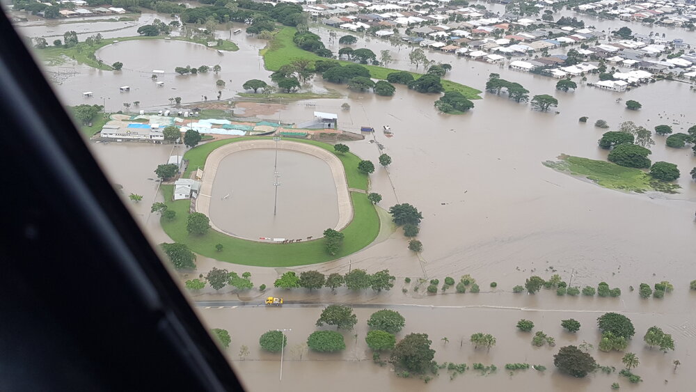 Stuart Drive, Townsville Velodrome, Gordon Creek, aerial photograph during floods, 2019. 