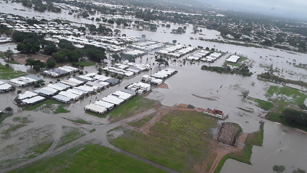 Riveredge Boulevard looking towards Mount Stuart, aerial photograph during floods, 2019. 