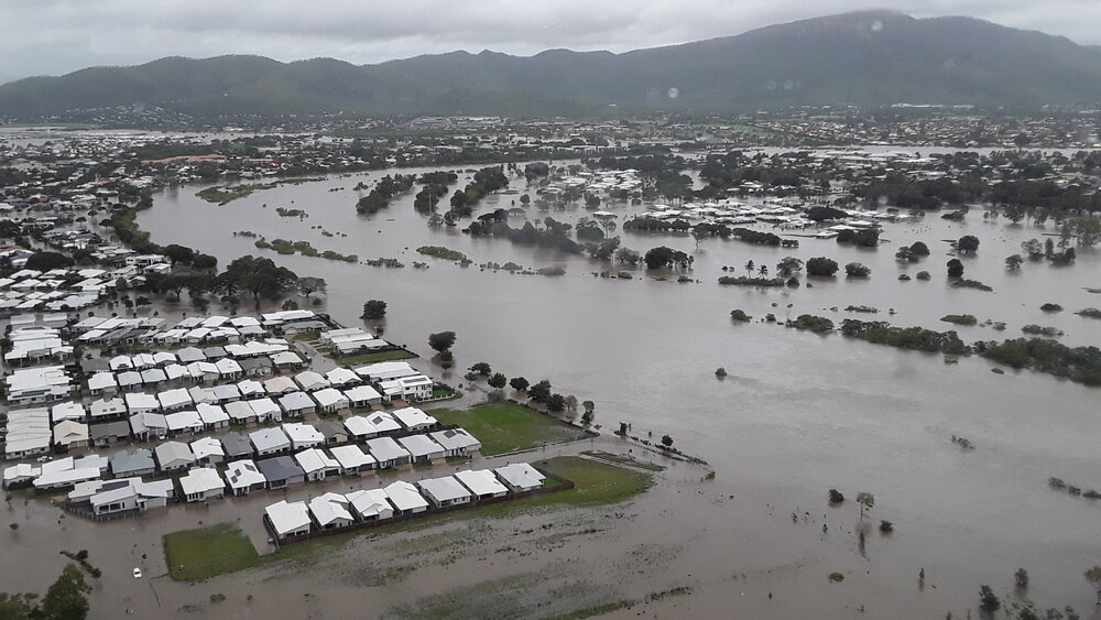 Riveredge Boulevard looking towards Mount Stuart, aerial photograph during floods, 2019. 