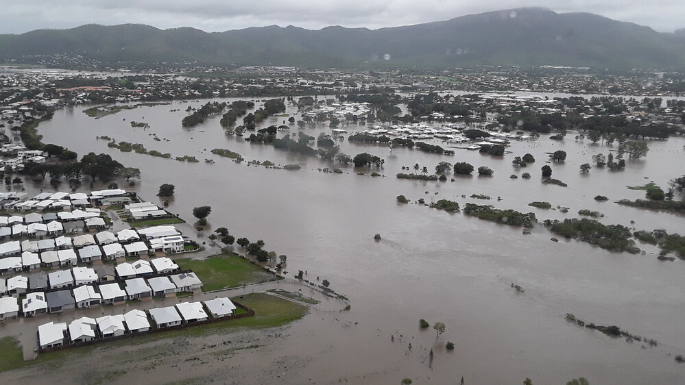 Riveredge Boulevard looking towards Mount Stuart, aerial photograph during floods, 2019. 