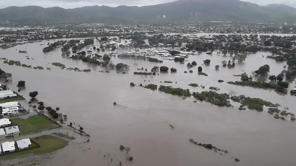 Riveredge Boulevard looking towards Mount Stuart, aerial photograph during floods, 2019. 