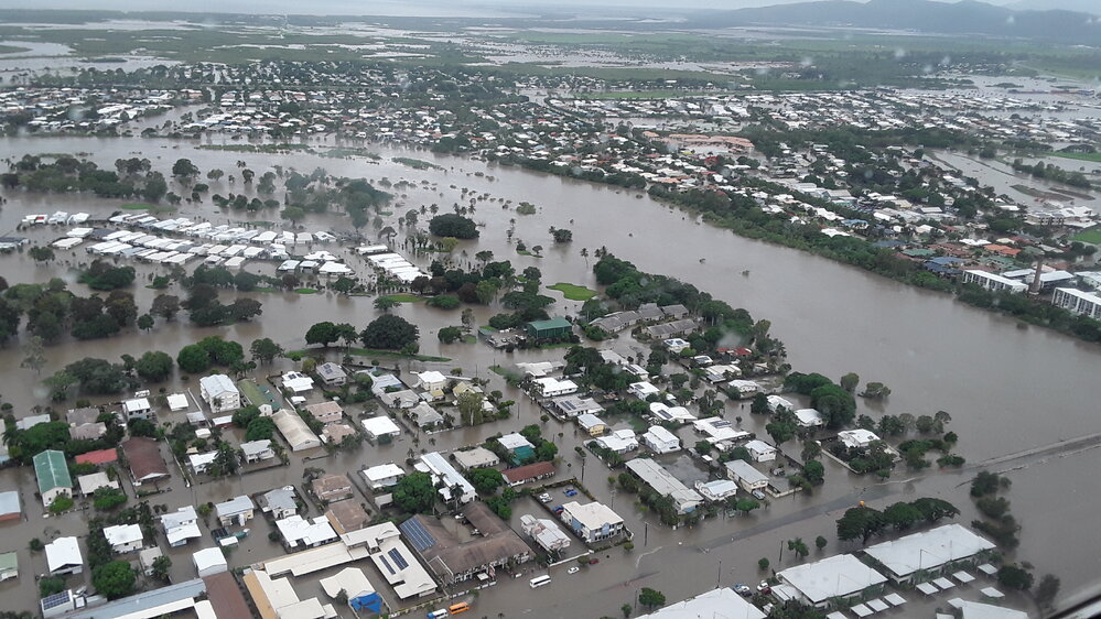 Bowen Road Bridge, aerial photograph during floods, 2019.
