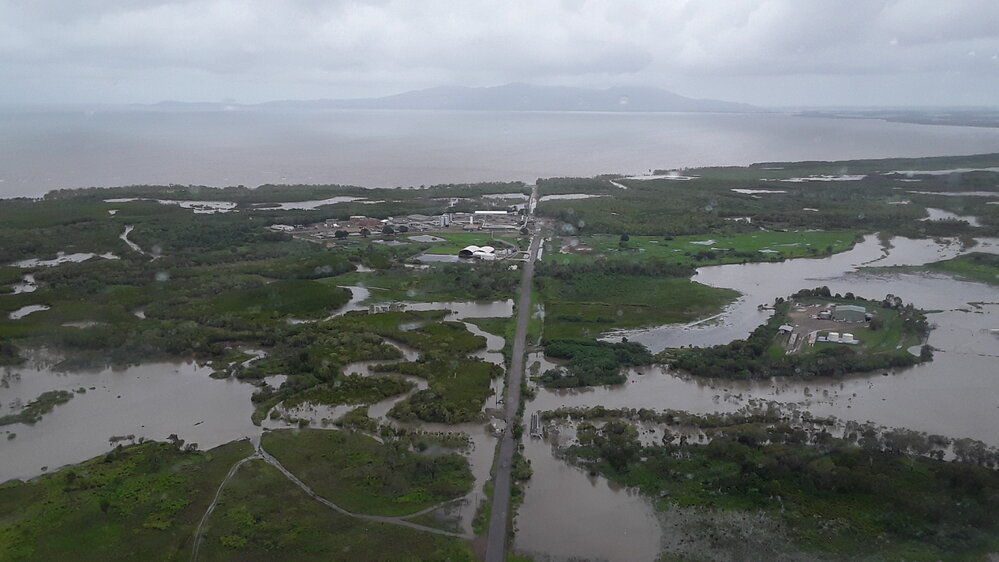 Cleveland Bay Purification Plant, aerial photograph during floods, 2019. 