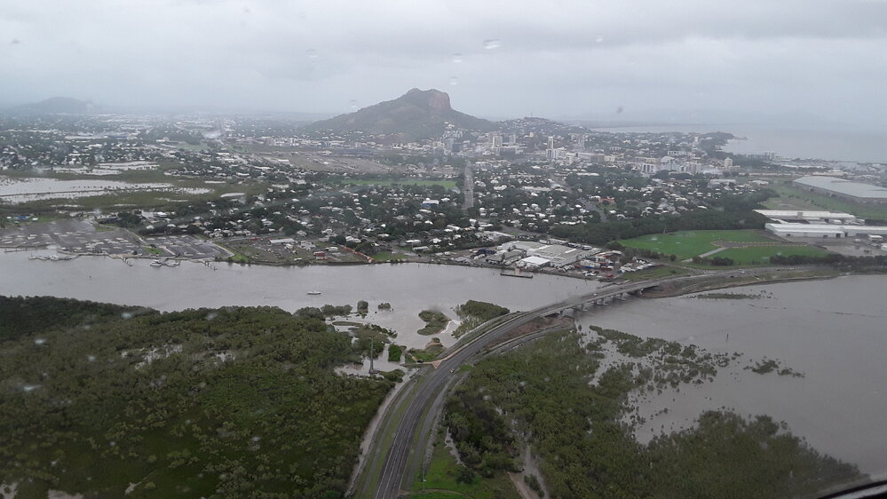 Southern Port Road Bridge, Townsville Port, Townsville City, aerial photograph during floods, 2019. 
