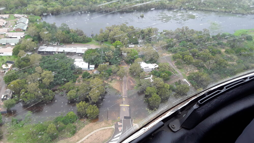 Rowes Bay Sustainability Centre and Wetlands, aerial photograph during floods, 2019. 