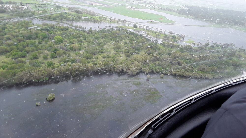 Rowes Bay Sustainability Centre and Wetlands, aerial photograph during floods, 2019. 