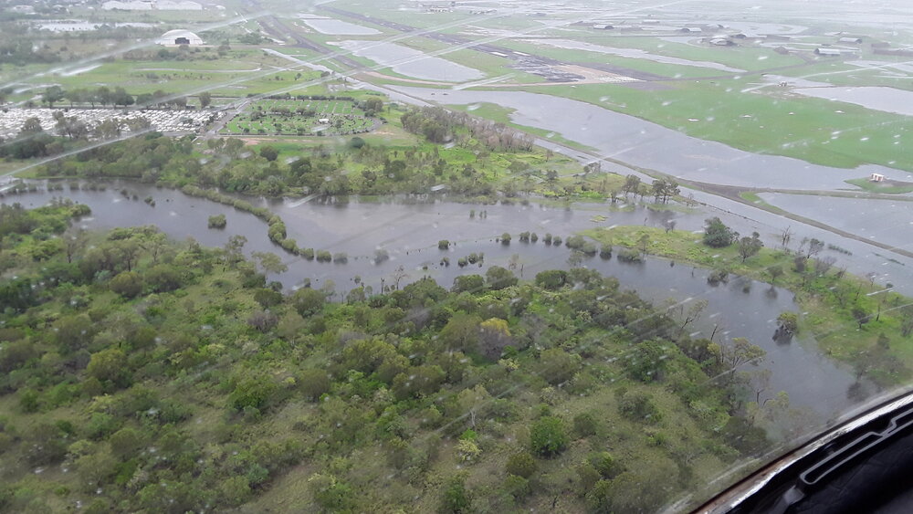 Belgian Gardens Cemetery, aerial photograph during floods, 2019. 