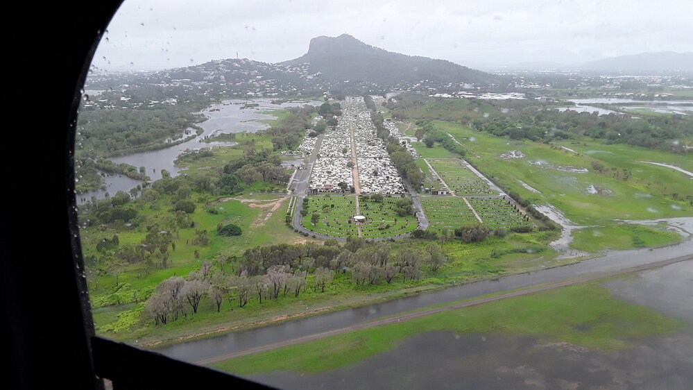 Belgian Gardens Cemetery, aerial photograph during floods, 2019. 