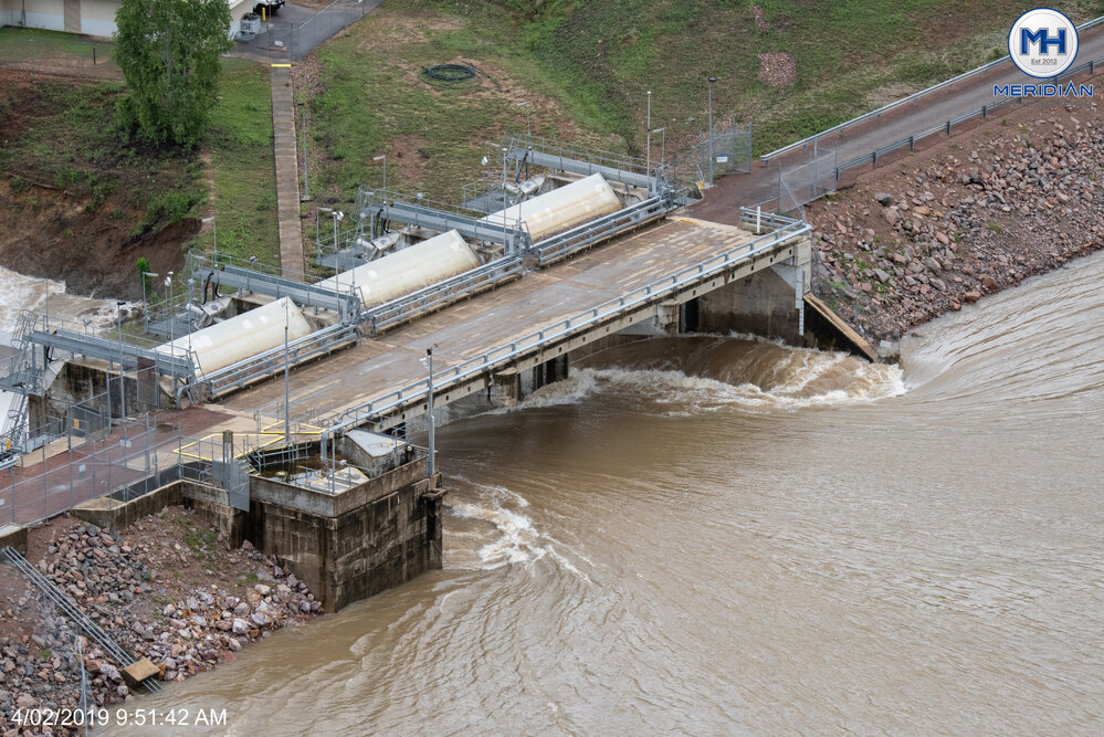 Ross River Dam Spillway, aerial photograph during floods, 2019. 