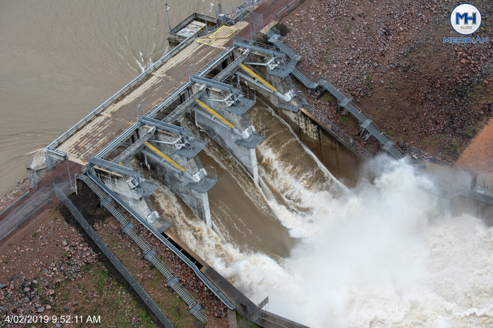 Ross River Dam Spillway, aerial photograph during floods, 2019. 