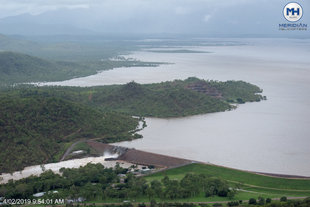 Ross River Dam and Spillway, aerial photograph during floods, 2019. 