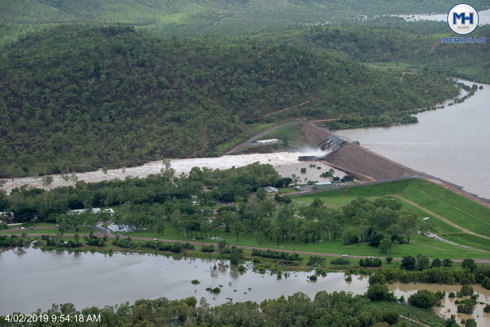 Ross River Dam and Spillway, aerial photograph during floods, 2019. 