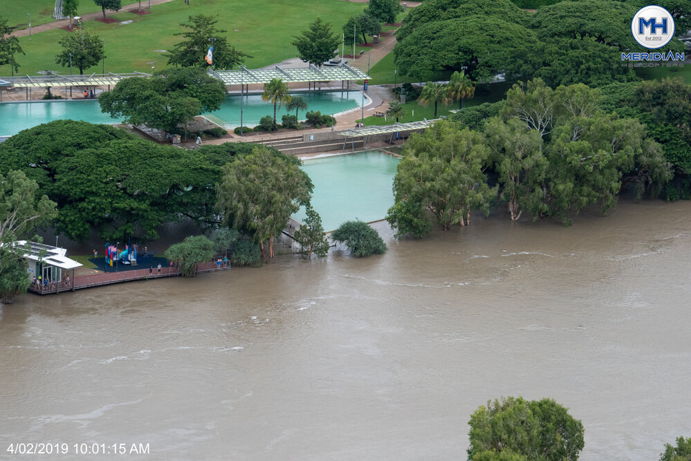 Ross River, Riverway Lagoons, Thuringowa Central, aerial photograph during floods, 2019. 