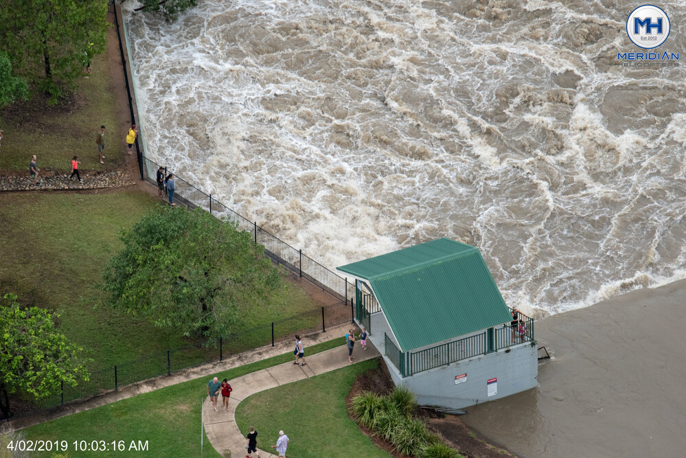 Black Weir Douglas, aerial photograph during floods, 2019. 
