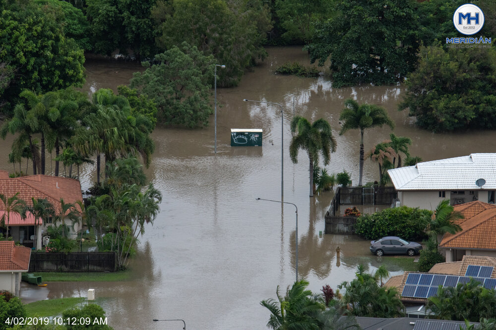 Inundated streets, aerial photograph during floods, 2019. 
