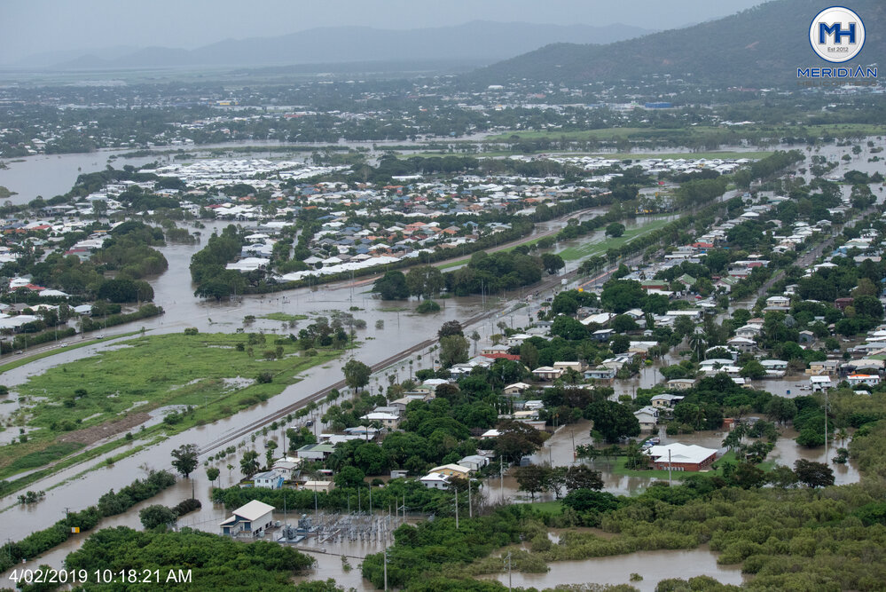 Abbott Street, Railway Line, aerial photograph during floods, 2019. 