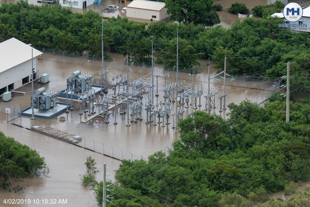 Abbott Street, Power Station, aerial photograph during floods, 2019. 